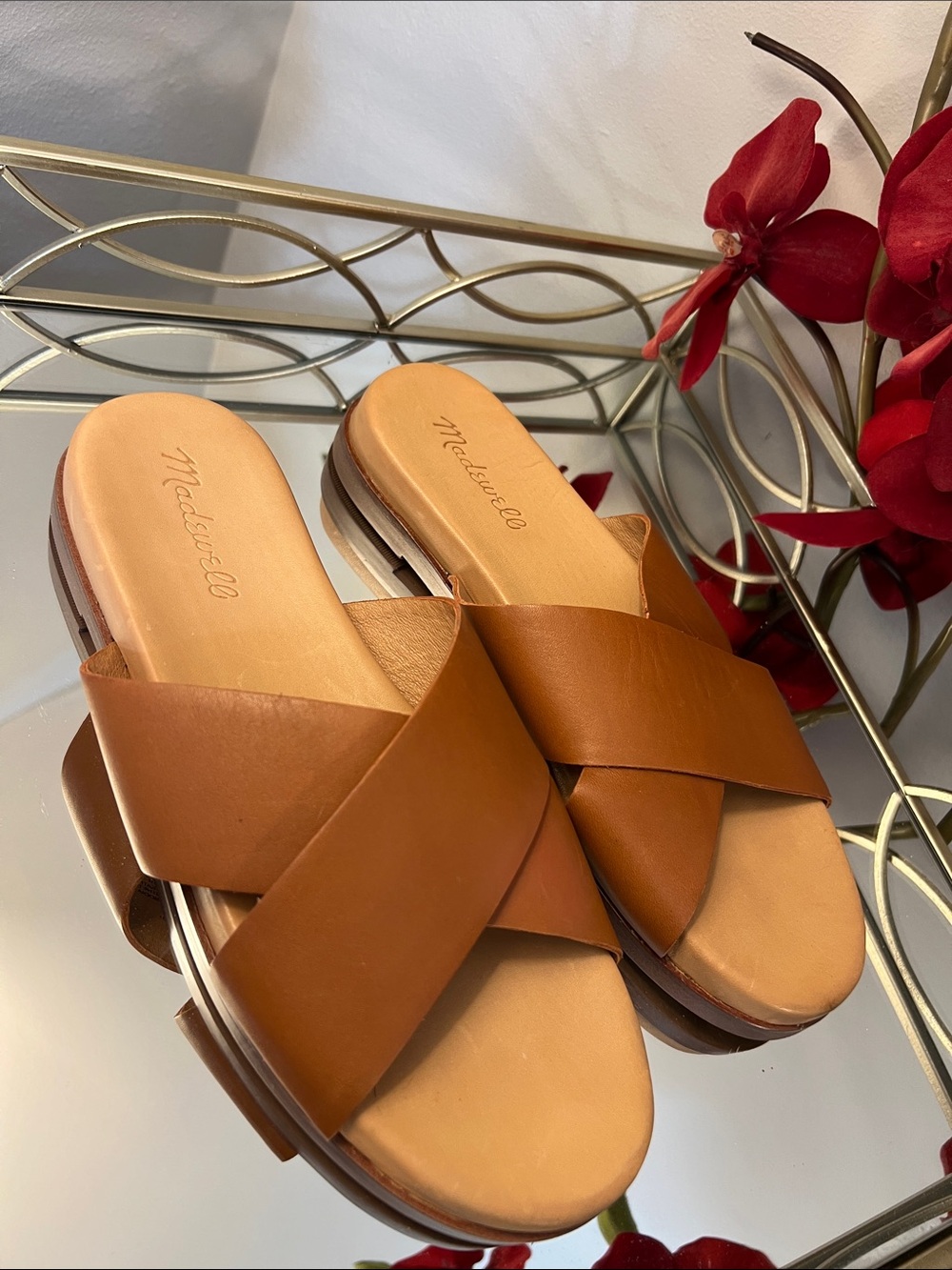 Madewell Cognac Brown Leather Crossband Slide Mules Size 7.5